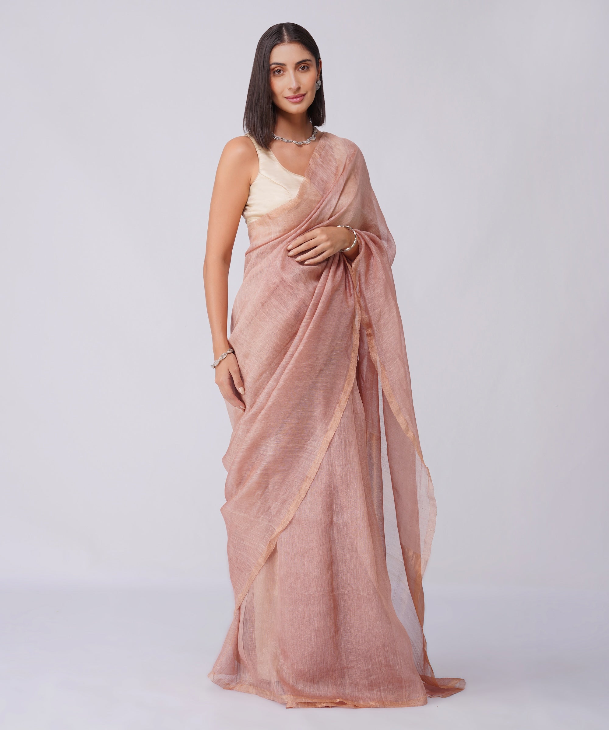 Gulnaar – Linen Silk Saree with Tissue Golden Border