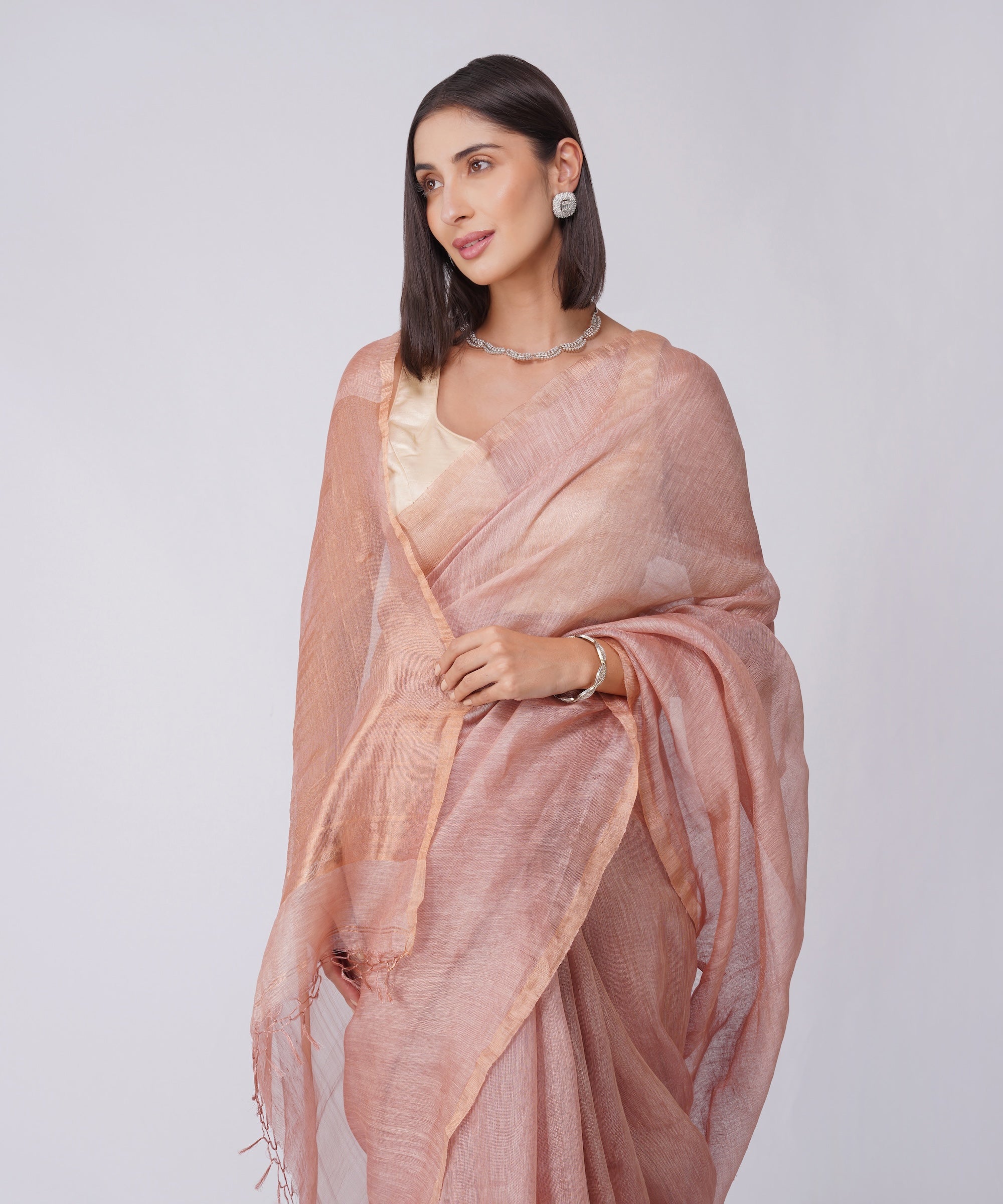 Gulnaar – Linen Silk Saree with Tissue Golden Border