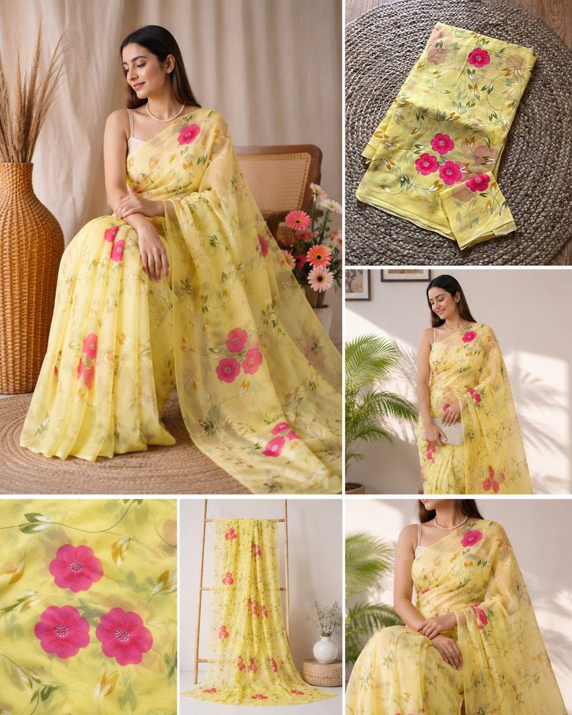 Lemon Yellow Floral Chiffon Saree