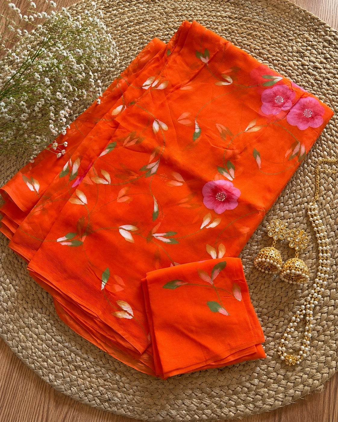 Orange Floral Chiffon Saree