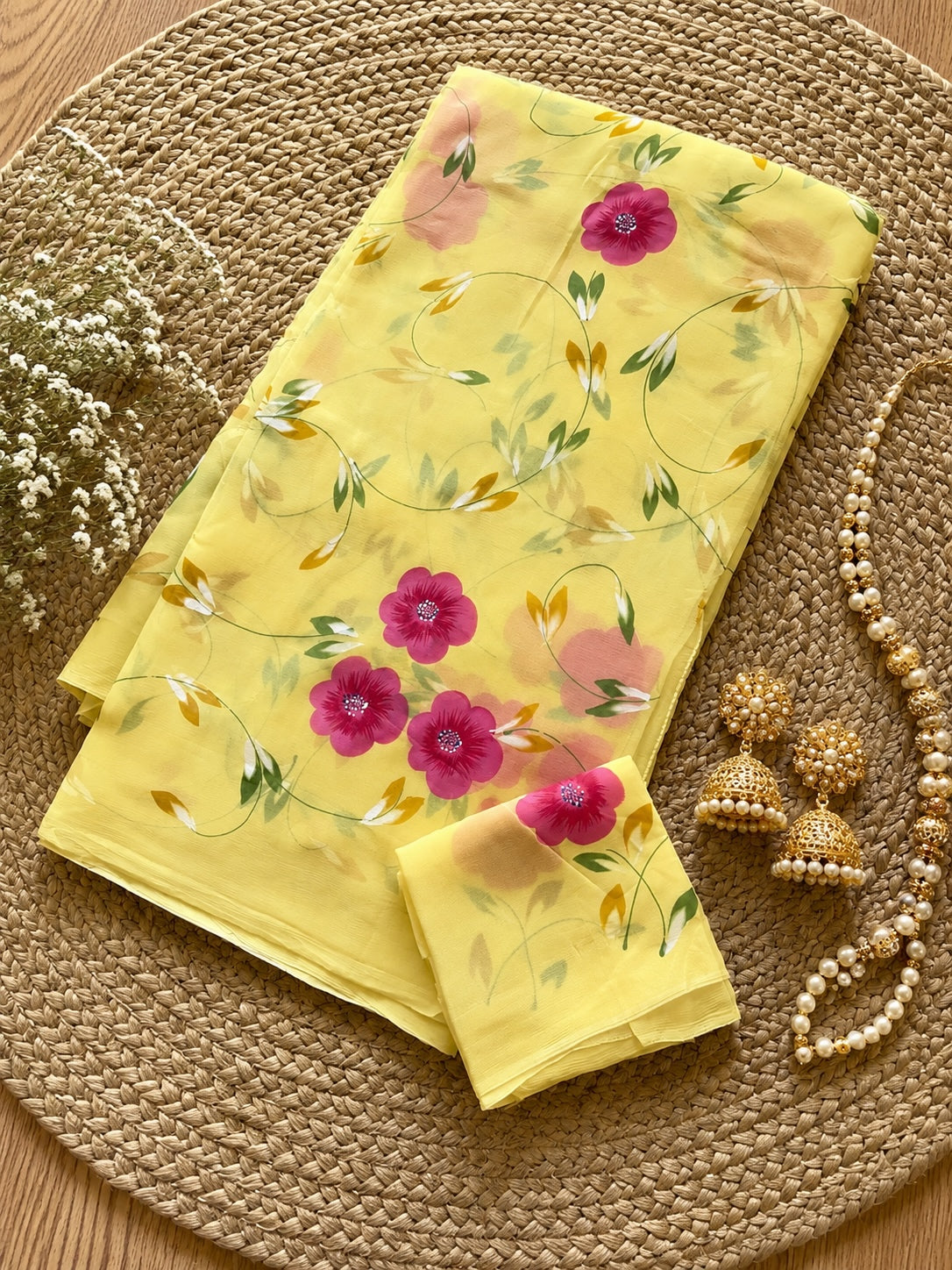 Lemon Yellow Floral Chiffon Saree