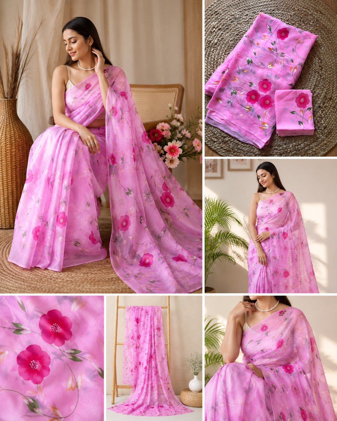 Baby Pink Floral Chiffon Saree