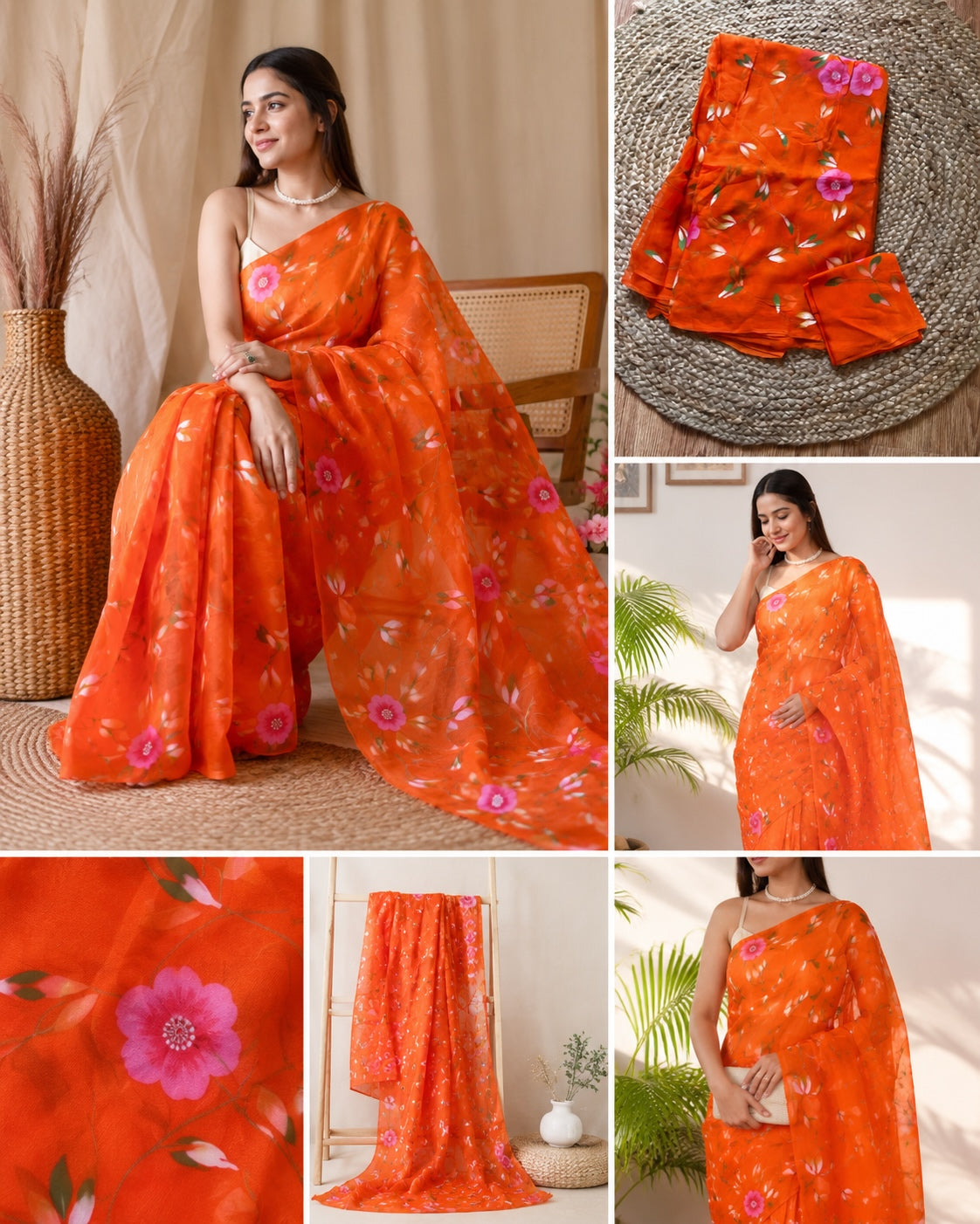Orange Floral Chiffon Saree
