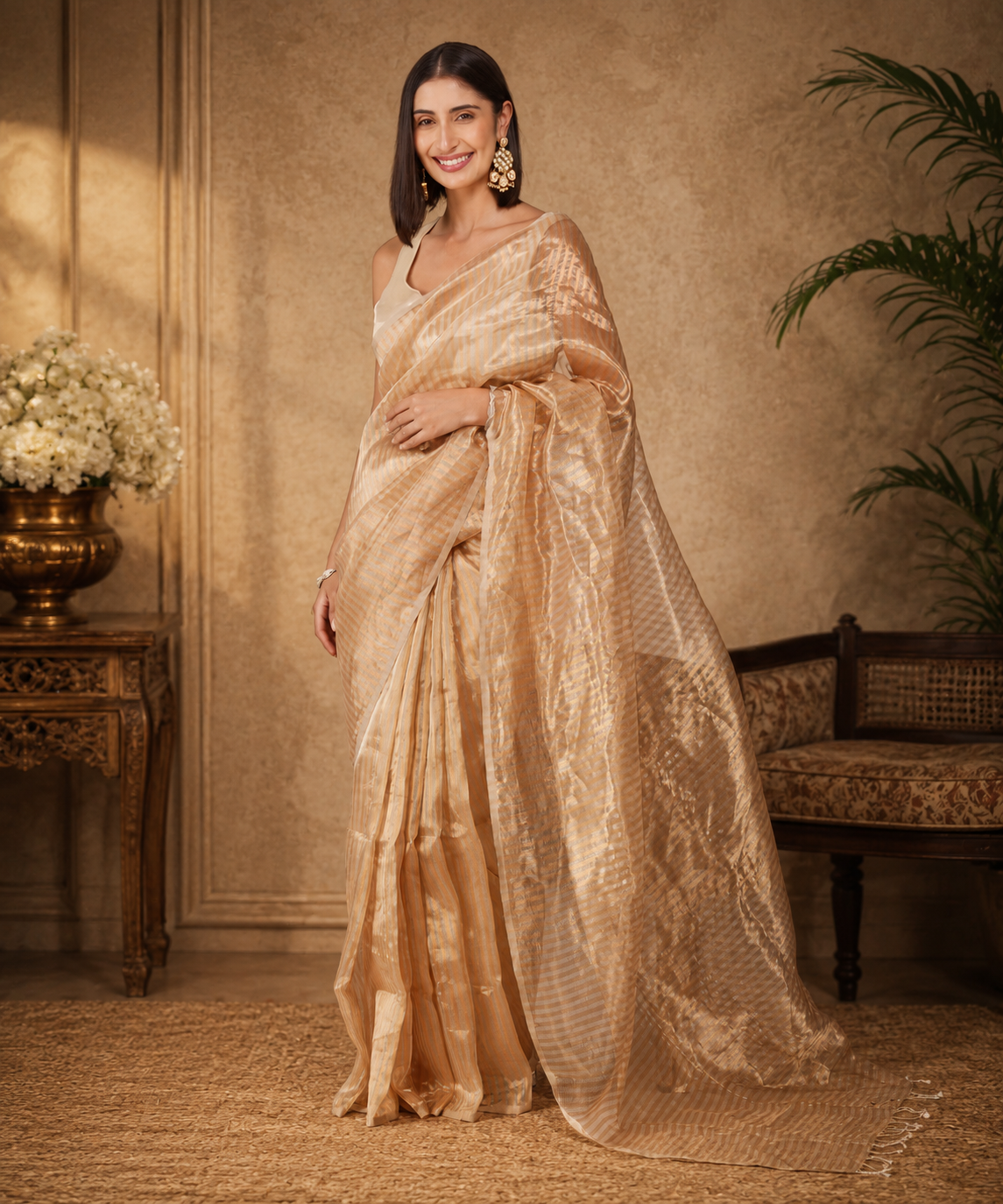 Kanak - Tissue Maheshwari Golden Saree