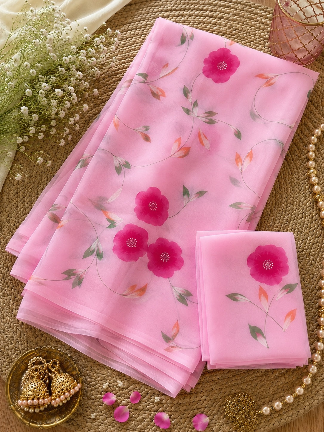 Baby Pink Floral Chiffon Saree