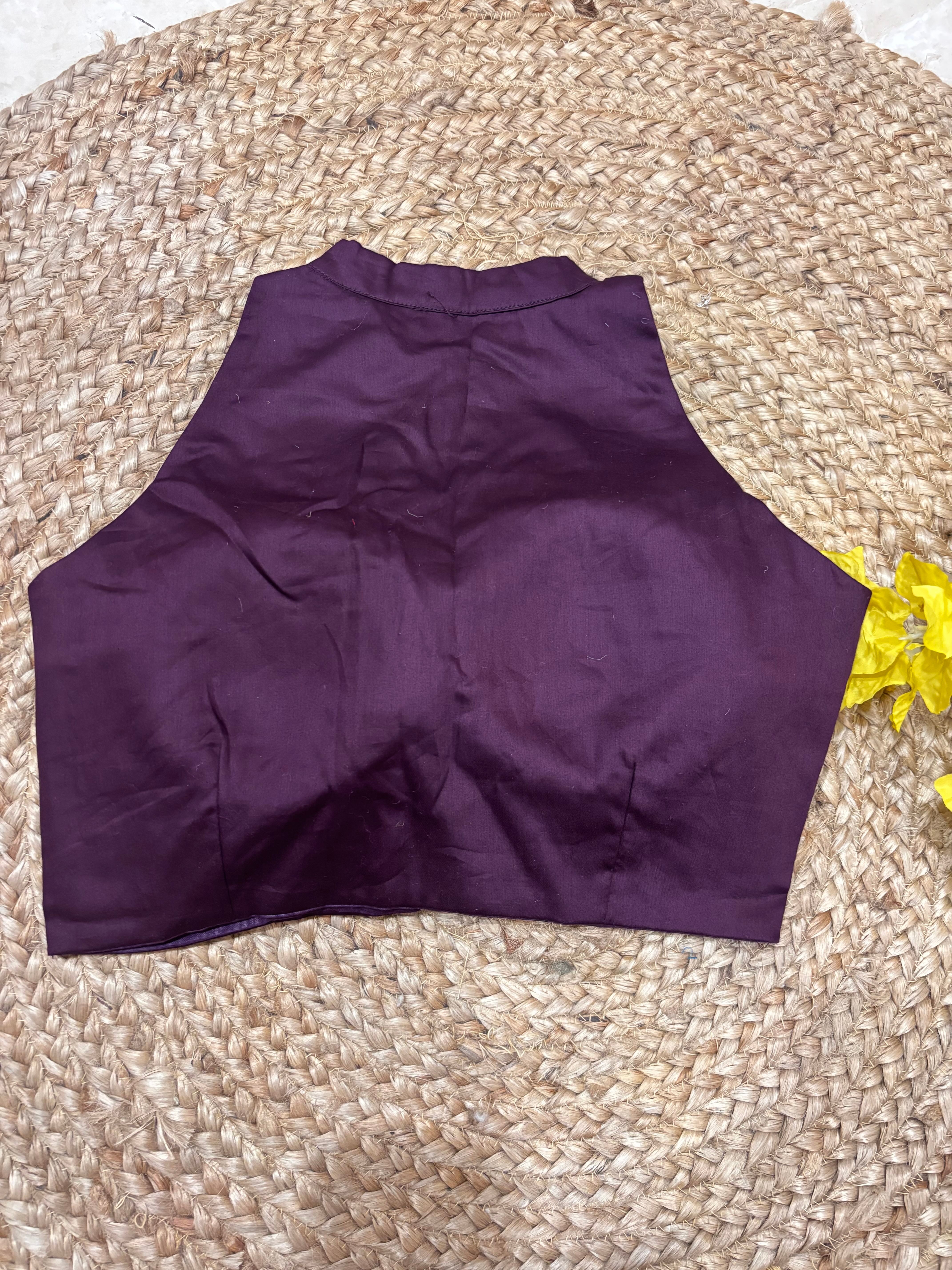 Wine High-Neck Sleeveless Cotton Blouse