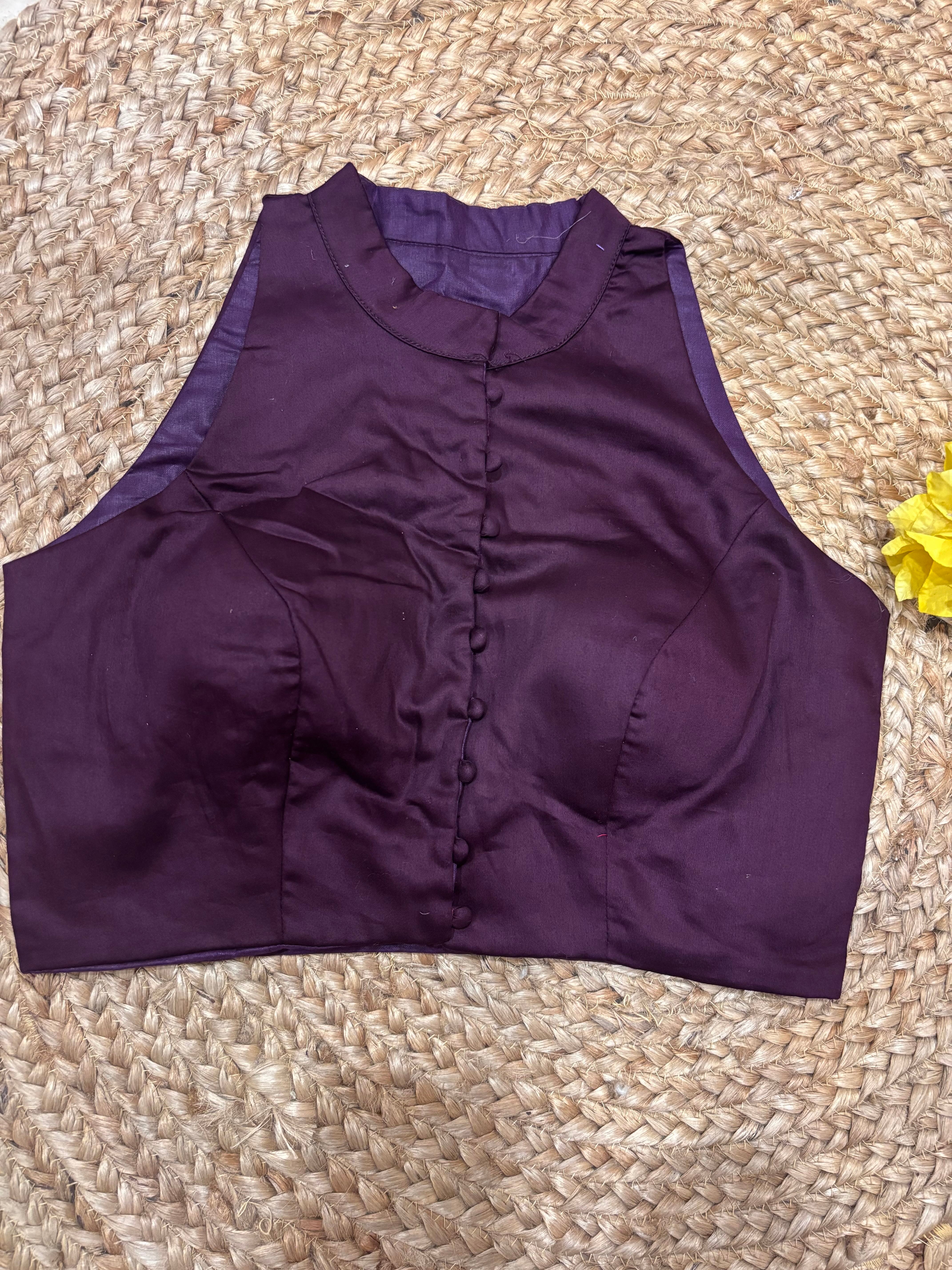 Wine High-Neck Sleeveless Cotton Blouse