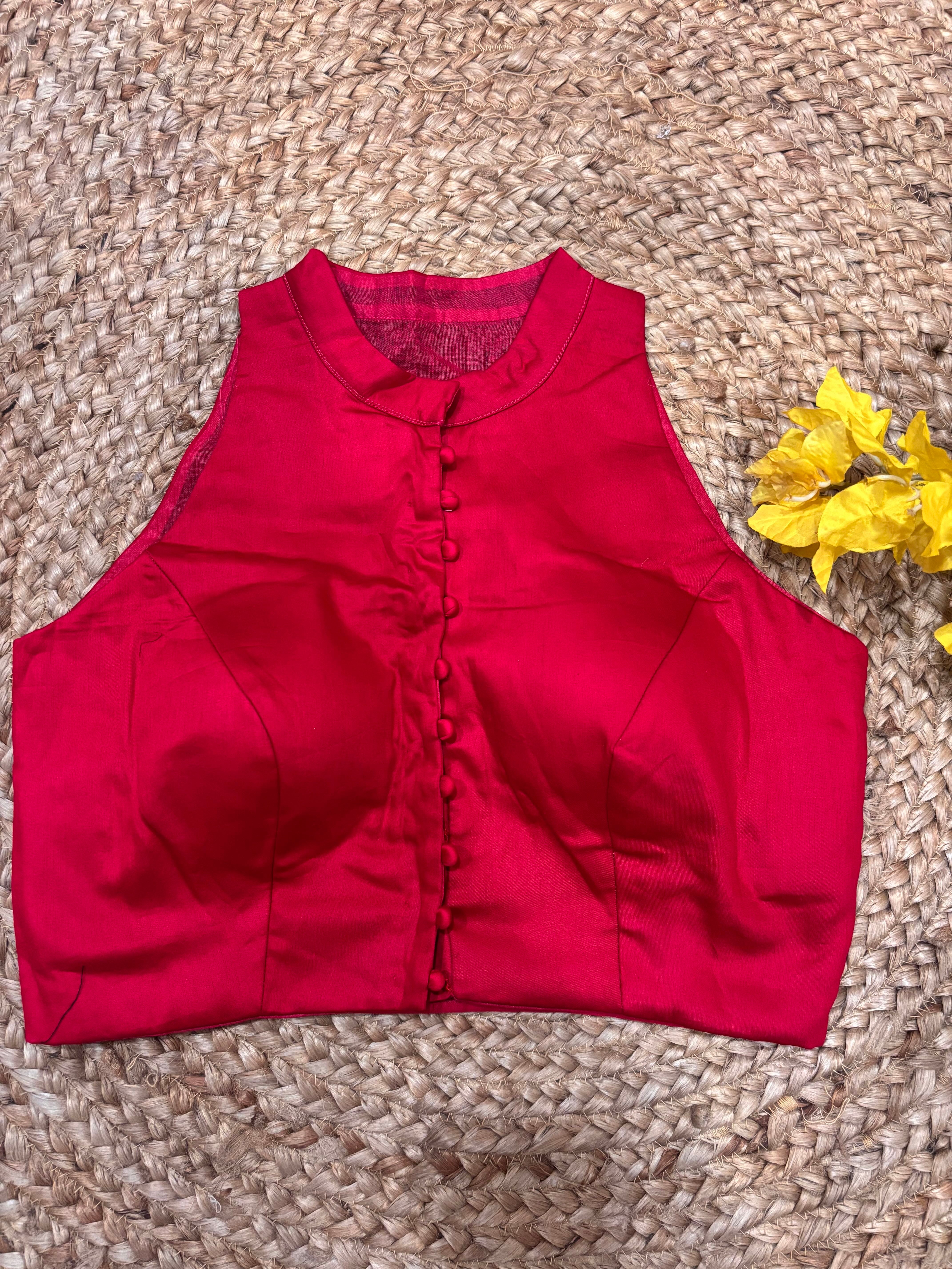 Ruby Red High-Neck Sleeveless Cotton Blouse