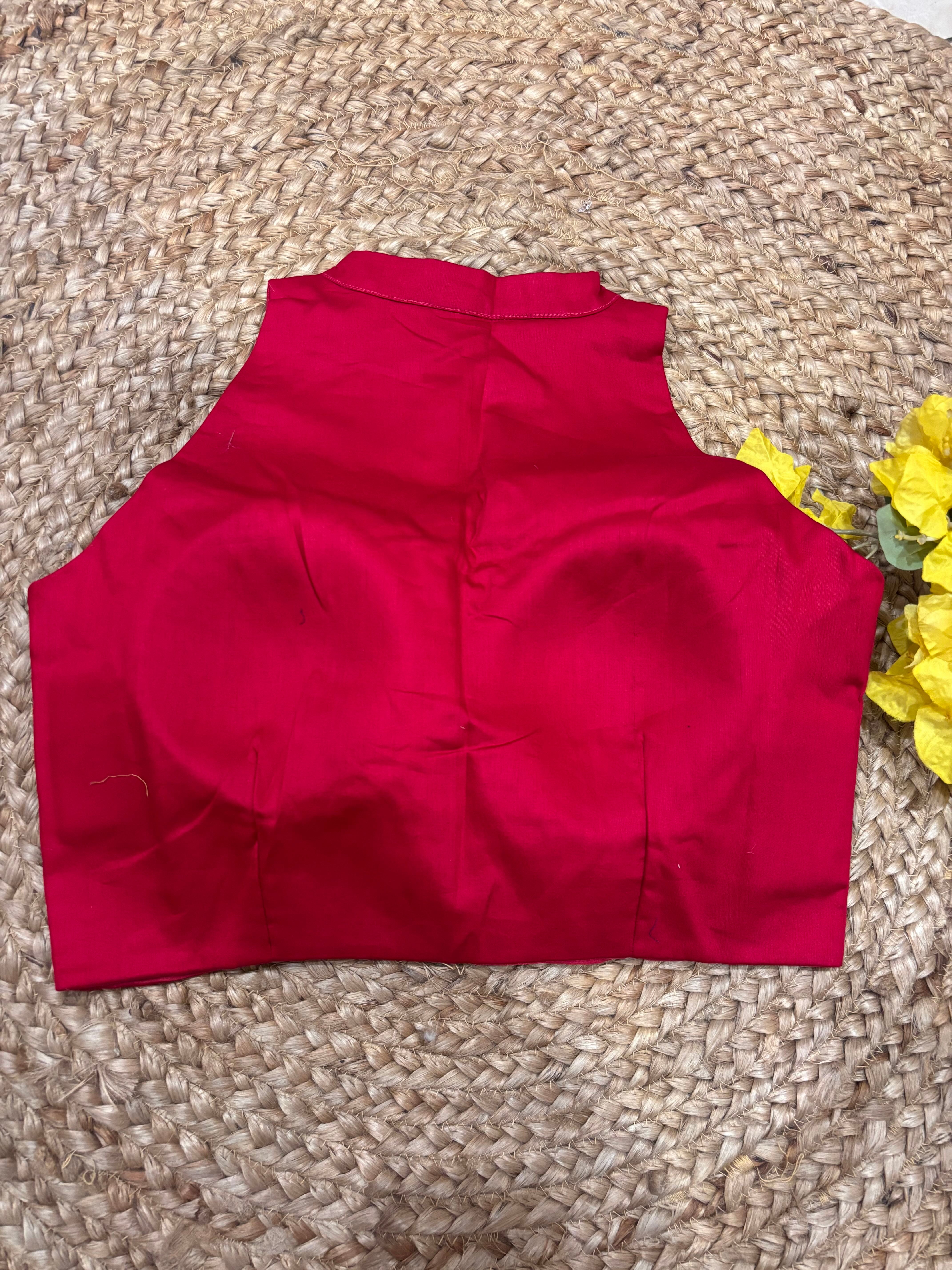 Ruby Red High-Neck Sleeveless Cotton Blouse