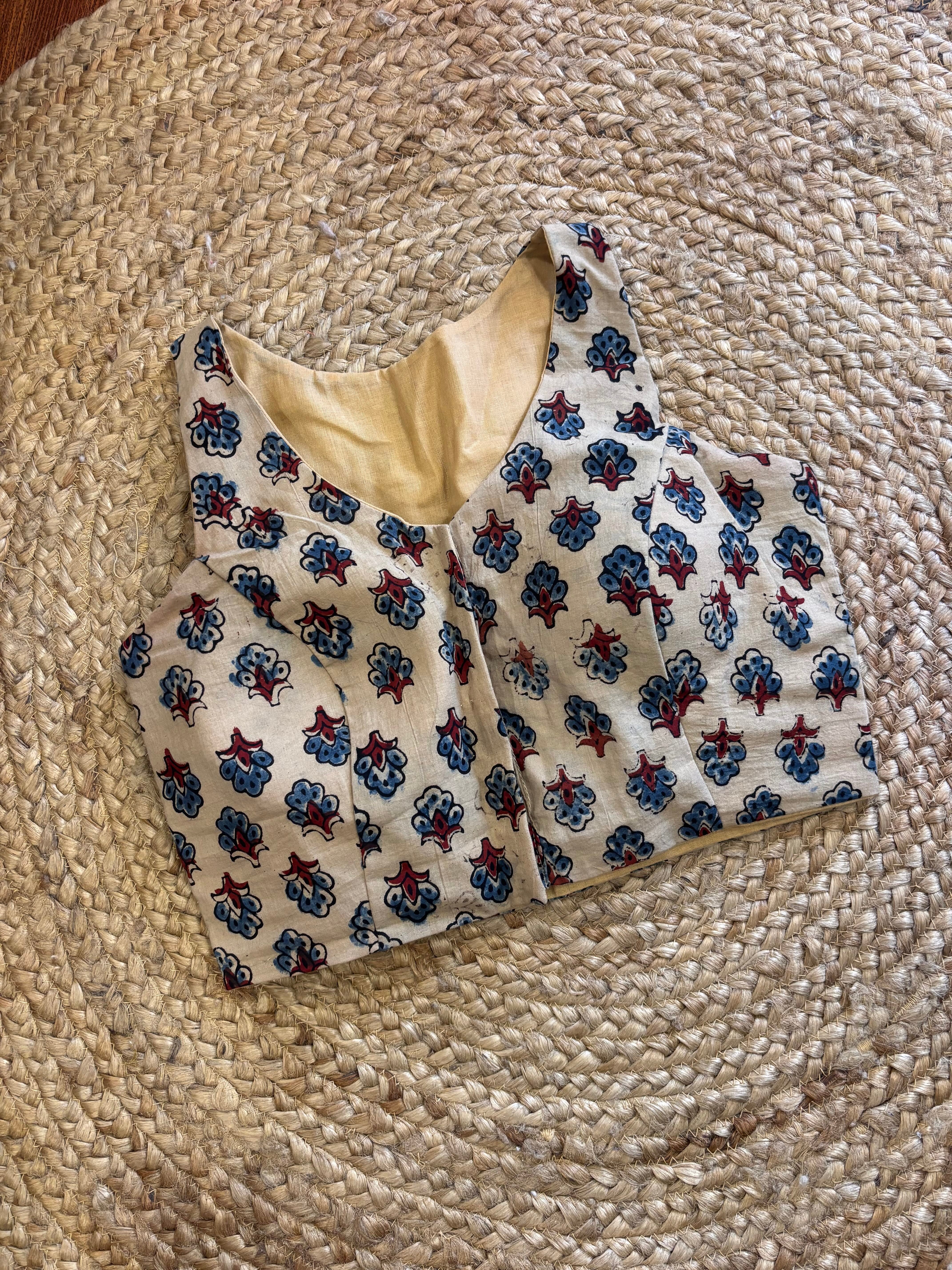 Hand Block Print Cotton Blouse with Lace Detailing