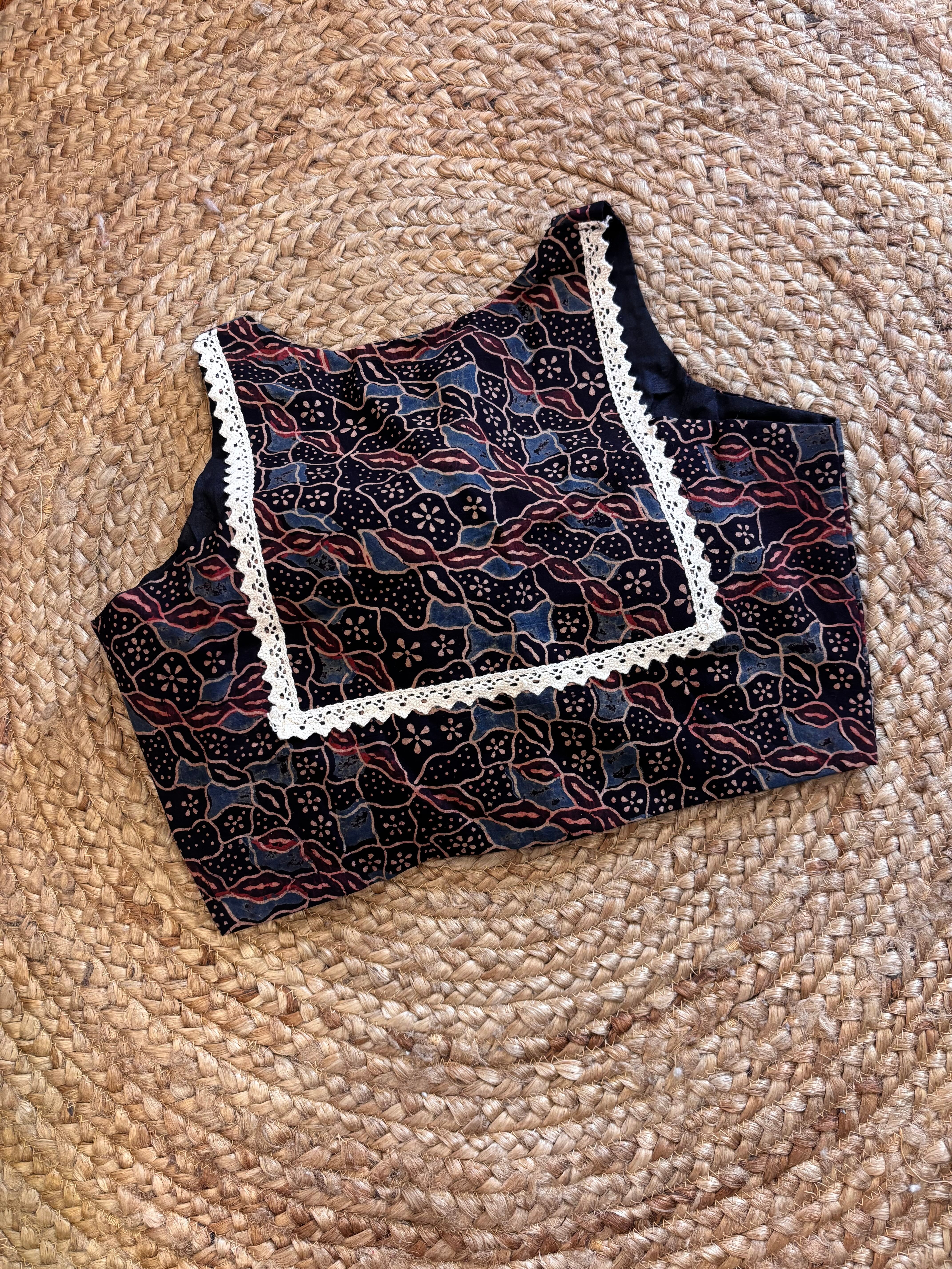 Hand Block Print Cotton Blouse with Lace Detailing