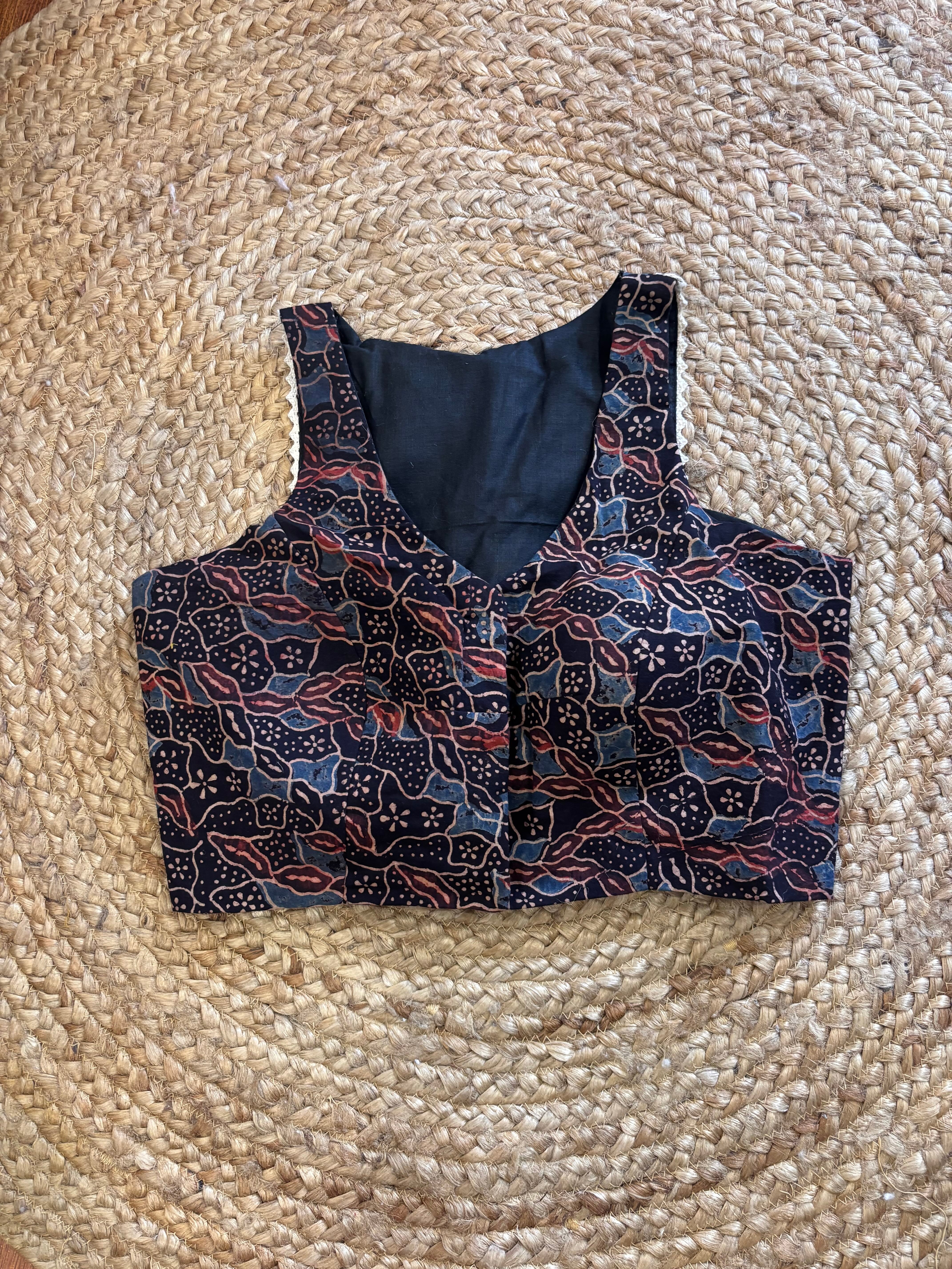 Hand Block Print Cotton Blouse with Lace Detailing