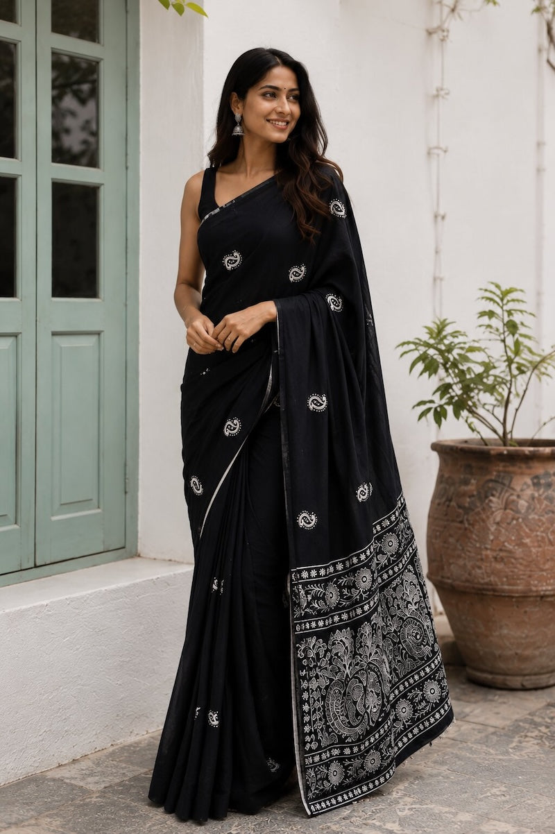 Nazakat – Black & White Mulmul Chikankari Saree