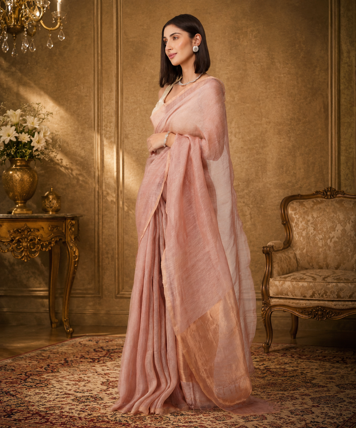 Gulnaar – Linen Silk Saree with Tissue Golden Border